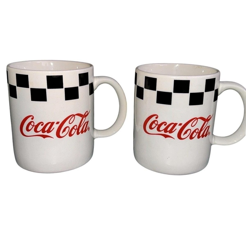 Coca-Cola Gibson 1998 Vintage Mugs Set of 2 Checkered Border White Red Black